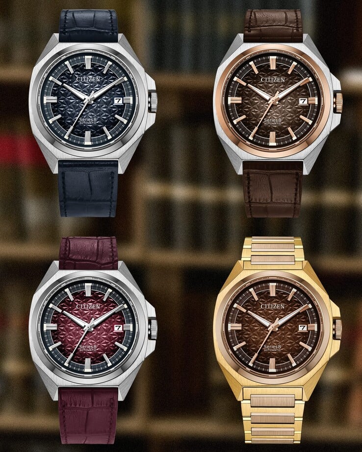 De cima para baixo: relógios automáticos da série Citizen 8 831 em edição limitada nas cores azul-marinho, marrom, vinho e laranja queimado, respectivamente.