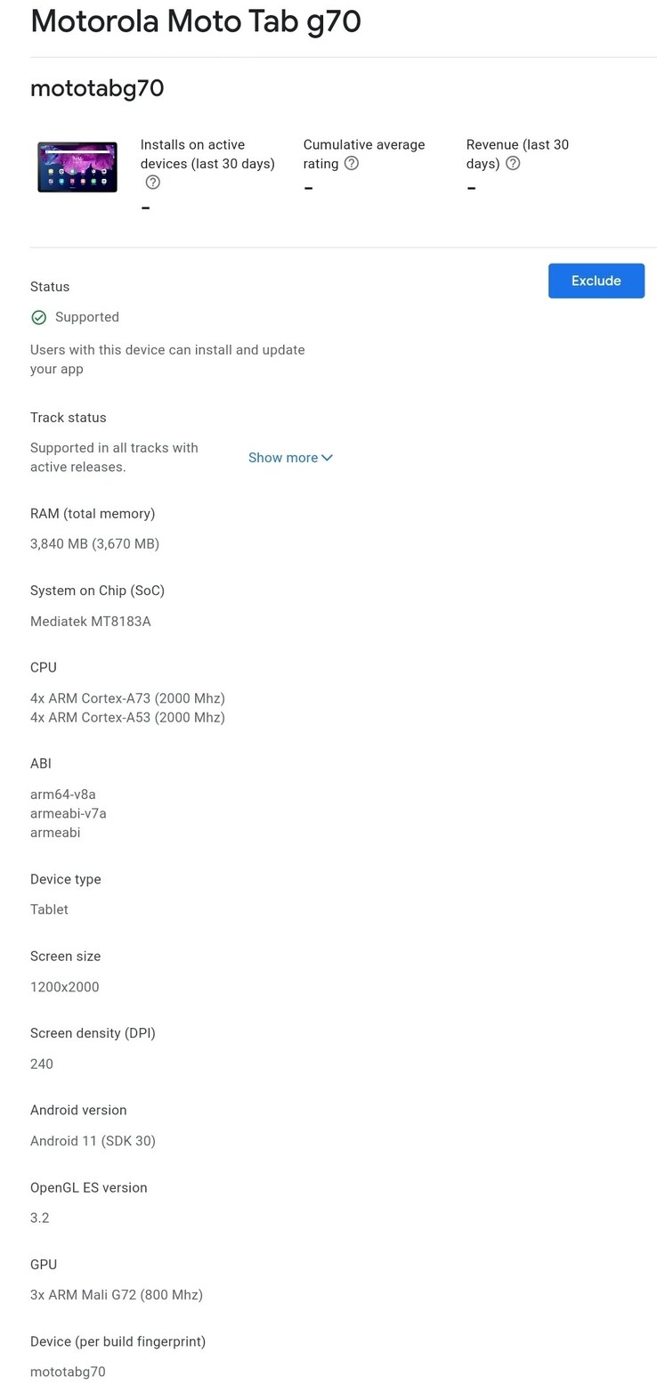 A nova listagem da "Moto Tab G70's". (Fonte: Google Play Console via Abhishek Yadav no Twitter )