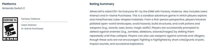 Classificação ESRB para a versão Switch 2 do Minecraft.