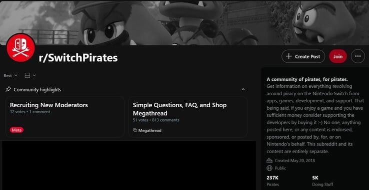 O subreddit de pirataria do Switch é mostrado (Fonte da imagem: captura de tela, r/SwitchPirates)