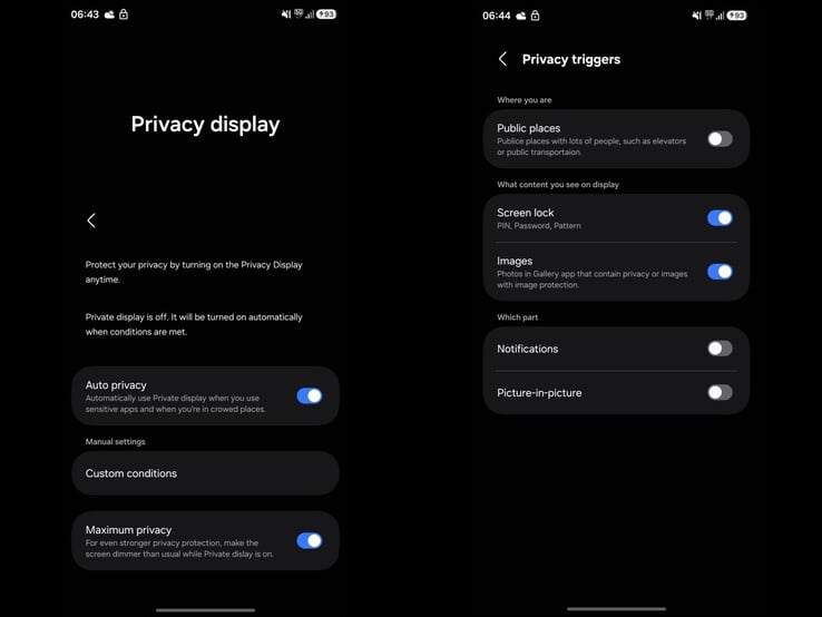Capturas de tela mostrando a configuração 'Privacy Display' no OneUI 8.5. (Fonte da imagem: Ach on X)