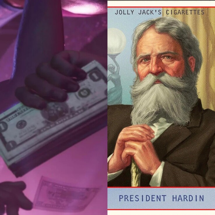 Imagem mostrando o dinheiro no GTA 6 do Trailer 2 ao lado do Presidente Hardin. (Fonte da imagem: Synth Potato on X)