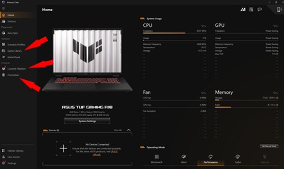 Promoção, Plataforma de conteúdo, Biblioteca de jogos - O Armoury Crate empacota demais e o tempo de carregamento não é o ideal