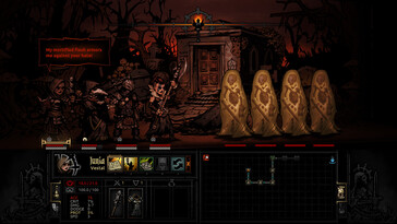 Uma imagem mostrando uma luta contra vários inimigos em Darkest Dungeon.