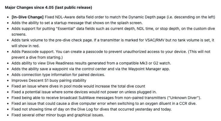 As notas de lançamento do software do sistema Garmin Descent X50i 5.09