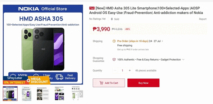 O celular já está à venda em uma loja nas Filipinas por 3.990 PHP (aproximadamente US$ 65).