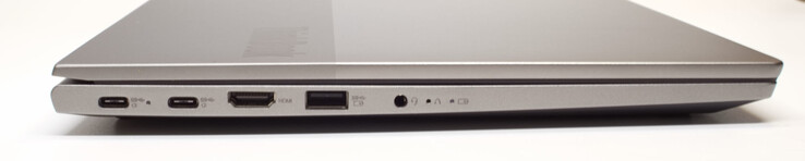 esquerda: 2x USB tipo C com PowerDelivery e DisplayPort; HDMI, USB tipo A (3.2 Gen 1); fone de ouvido 3.5 mm