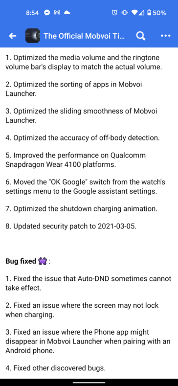 TicWatch Pro 3 update changelog (imagem via Reddit)