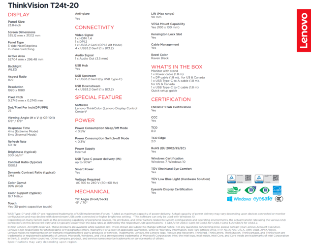 Lenovo ThinkVision T24t-20 - Especificações. (Fonte: Lenovo)