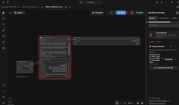 O caso mais simples, de texto para vídeo: um nó para selecionar a resolução, seguido pelo nó principal com a IA de vídeo e, por fim, a saída de vídeo, incluindo o formato