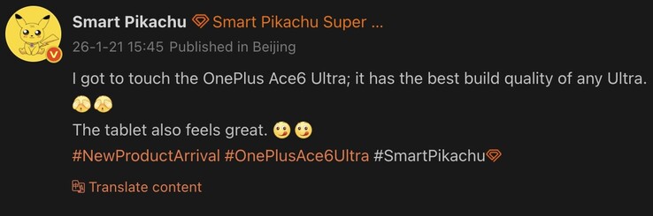 Vazamento do OnePlus Ace 6 Ultra do informante Smart Pikachu. (Fonte da imagem: Weibo - tradução automática)