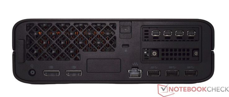 Painel traseiro: Conector de alimentação, 2x DisplayPort 1.4, GBit-LAN, trava Kensington, 3x USB-A 10 Gbps, 4x Mini DisplayPort 1.4a
