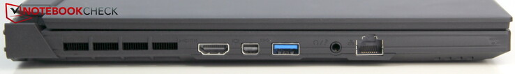 Esquerda: HDMI, miniDP 1.4, USB-A 3.0, conector de fone de ouvido, LAN
