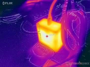 O adaptador de CA atinge mais de 47 °C ao suportar cargas exigentes