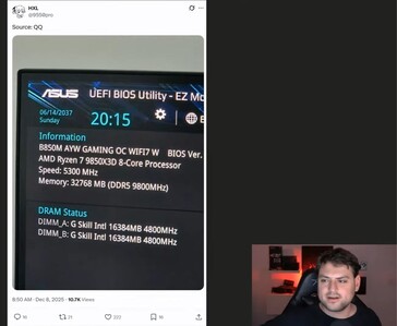 Captura de tela da BIOS que supostamente mostra um sistema AMD Ryzen 7 9850X3D rodando com 32 GB de memória DDR5-9800, compartilhada pela conta X @9550pro (Fonte da imagem: @9550pro / X)