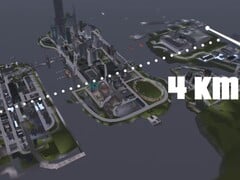 Uma vista aérea do mapa 4KM de Liberty City do GTA III com três ilhas