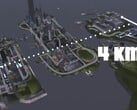 Uma vista aérea do mapa 4KM de Liberty City do GTA III com três ilhas