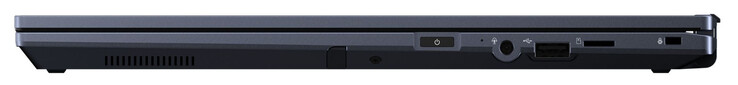 Lado direito: Stylus ativo, botão de alimentação, combinação de áudio, USB 2.0 (USB-A), leitor de cartão de memória (MicroSD), slot para trava de cabo