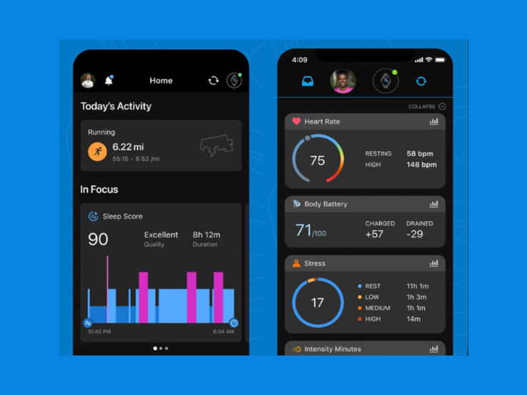 Capturas de tela comparando as versões nova (esquerda) e antiga (direita) da tela inicial do aplicativo Garmin Connect. (Fonte da imagem: Garmin)