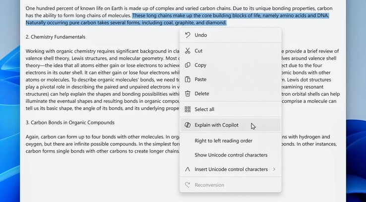 Captura de tela do Notepad versão 11.2401.25.0 . O Copilot pode ser acionado diretamente do menu de contexto. (Blog do Windows)