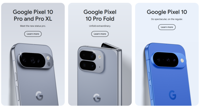 A linha do Pixel 10. Com exceção da dobra, o Pixel 10 padrão e o 10 Pro menor são quase idênticos em termos de construção e especificações, mas têm uma diferença de preço de US$ 200 (Fonte da imagem: Google)
