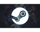 Uma imagem promocional do Steam com um grande logotipo da plataforma no centro em um fundo preto desbotado com várias capas de títulos de jogos fora de foco. (Fonte da imagem: Steam)