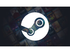 Uma imagem promocional do Steam com um grande logotipo da plataforma no centro em um fundo preto desbotado com várias capas de títulos de jogos fora de foco. (Fonte da imagem: Steam)