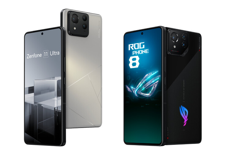 O Zenfone 11 Ultra ao lado do ROG Phone 8. (Fonte da imagem: ASUS &amp; @evleaks - editado)