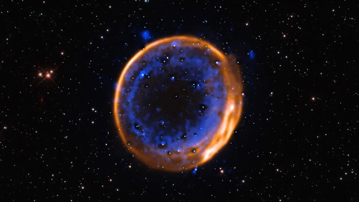 Imagem da supernova de dupla detonação SNR 0509-67.5 vista pelo VLT. (Fonte da imagem: ESO/P. DAS ET AL. Das et al. Estrelas de fundo (Hubble): K. Noll et al.)
