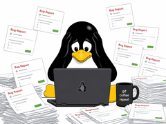 Um pinguim no estilo Tux sobrecarregado por relatórios de bugs gerados por IA que inundam o espaço de trabalho de um desenvolvedor de Linux.