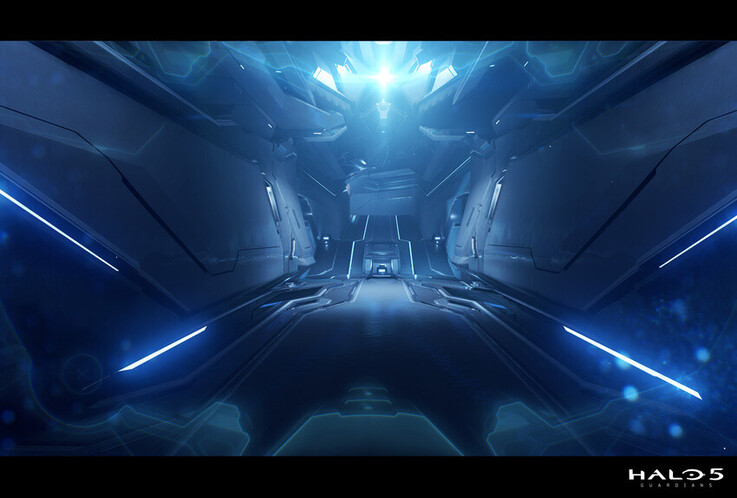 Essa cena do corredor de Halo 5: Guardians usa simetria nítida, acentos luminosos e perspectiva profunda para criar uma atmosfera futurista e elegante.