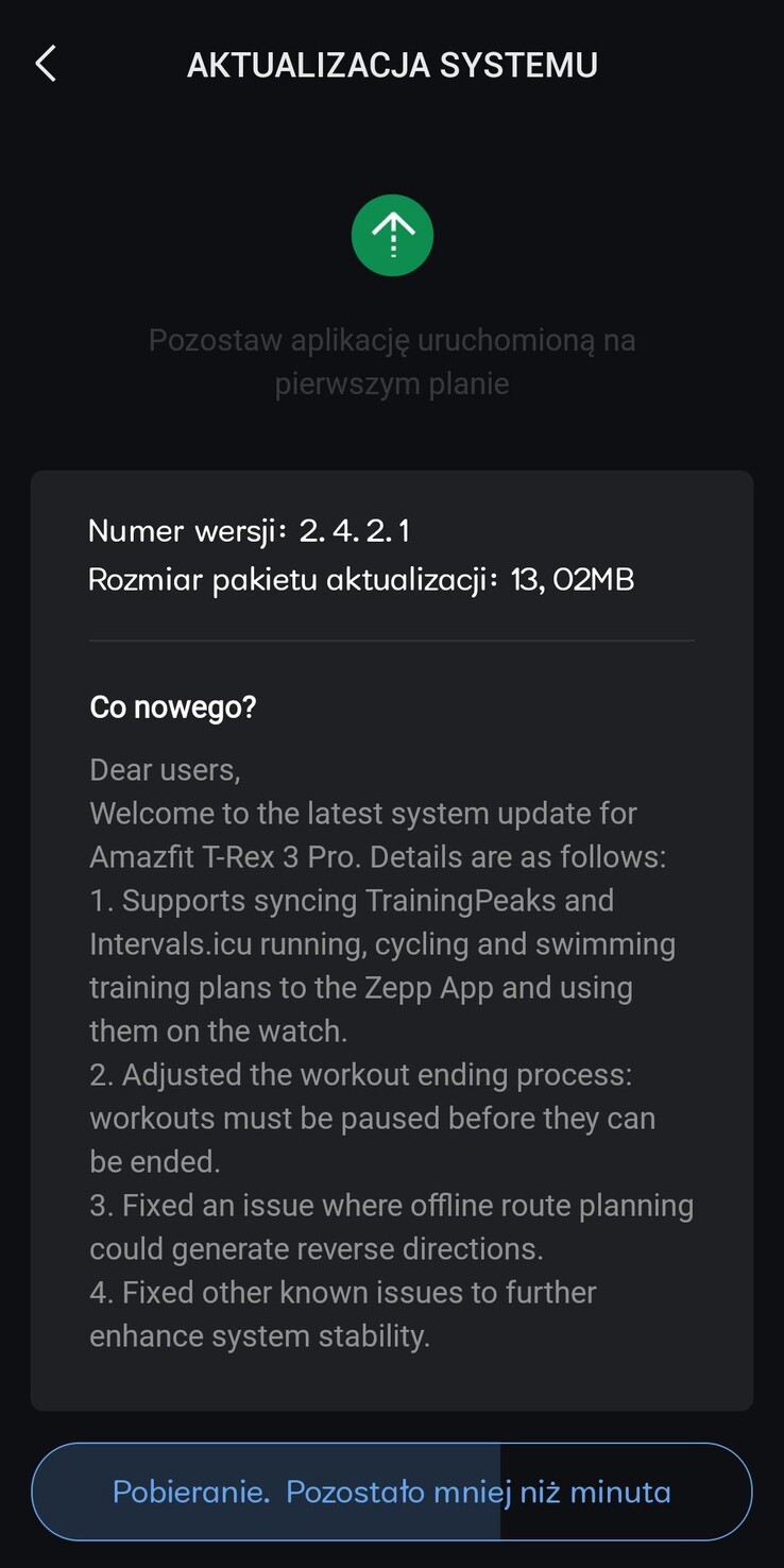 As notas de lançamento da versão 2.4.2.1 do software para o smartwatch Amazfit T-Rex 3 Pro. (Fonte da imagem: Reddit)