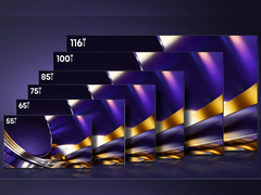 Na foto, uma imagem promocional oficial da nova linha Hisense U7SG mostrando todos os tamanhos incluídos.