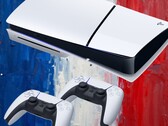 Consoles PS5 mostrados em um fundo temático com a bandeira francesa