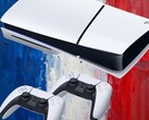 Consoles PS5 mostrados em um fundo temático com a bandeira francesa