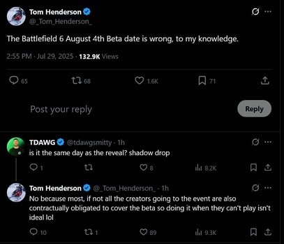 Resposta de Tom Henderson ao vazamento do horário de início do beta aberto do Battlefield 6 (Fonte da imagem: captura de tela, conta Tom Henderson X)