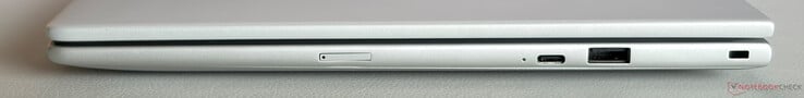 Correto: USB-C 3.2 Gen.2 (10 Gbps, DisplayPort 1.4, fornecimento de energia), USB-A 3.2 Gen.1 (5 Gbps, com alimentação), slot de segurança Nano