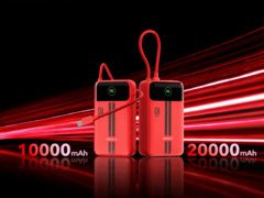 Dois power banks vermelhos Honor Life com ecrãs integrados e cabos USB-C acoplados