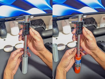 Medição do furo mais profundo entre o bastão de cola impresso em 3D (esquerda) e o bastão de cola original (direita)