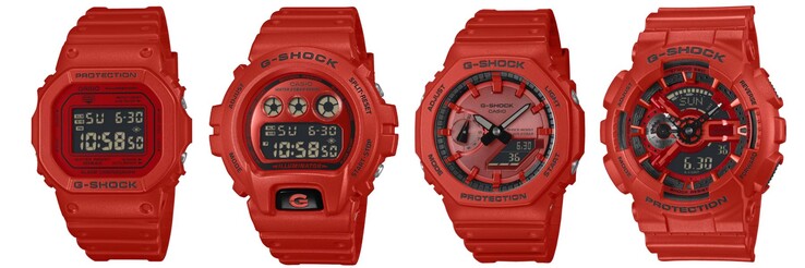 Da esquerda para a direita: os relógios Casio G-Shock DW5600RRB-4, DW6900RRB-4, GA2100RRB-4A e GA110RRB-4A. (Fonte da imagem: Casio, editado)