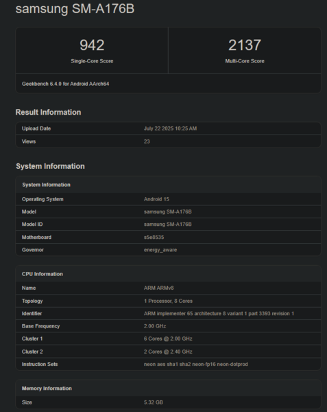 Galaxy Listagem do Geekbench do A17 (fonte da imagem: Geekbench)