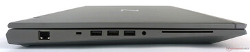 Esquerda: 1x LAN (RJ-45), 3x USB 3.1 Gen 1 (1x com função de carga), 1x fones de ouvido/microfone combinado