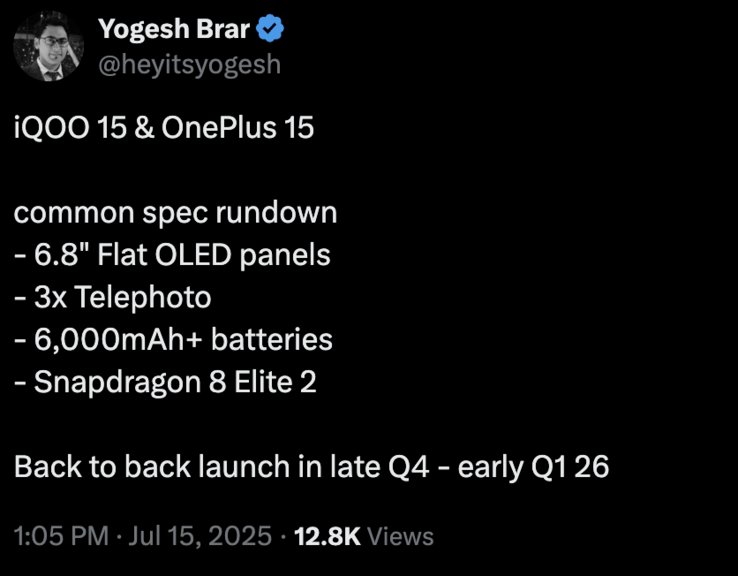 Detalhes vazados do OnePlus 15 e do iQoo 15 (Fonte da imagem: X)