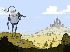 Imagem do jogo Feudal Alloy mostrando um cavaleiro com uma cabeça de aquário e um castelo ao fundo. (Fonte da imagem: Steam)
