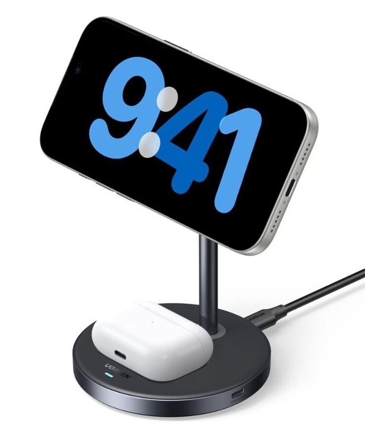 Uma imagem do novo carregador sem fio Ugreen Zapix Qi2 15W 2 em 1.