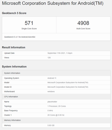 Listagem Geekbench do subsistema Windows 11 Android no x86. (Fonte: Geekbench)