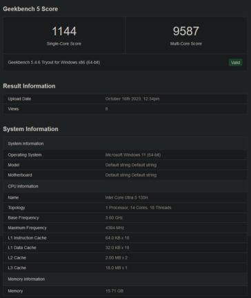 Desempenho do Intel Core Ultra 5 135H no Geekbench (imagem via Geekbench)