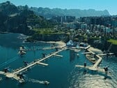 Uma imagem mostrando uma cidade futurista em Anno 2205.