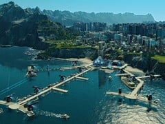 Uma imagem mostrando uma cidade futurista em Anno 2205.