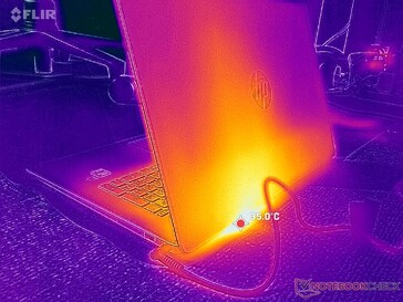 Não há ventilação traseira ou lateral. Em vez disso, a exaustão sai para cima ao longo da parte frontal da tela